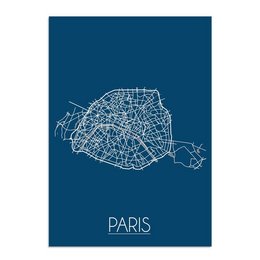Blue Paris map poster with detailed street layout.