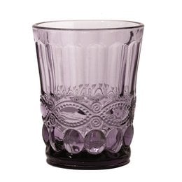 Set of 6 vintage-style purple tumblers, 23 cl capacity, featuring a decorative pattern with floral and geometric elements.