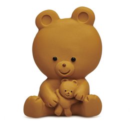 Soft, plush teething toy in the shape of a mama bear and her cub. Made of safe, non-toxic materials. Designed to soothe and comfort during the teething process.