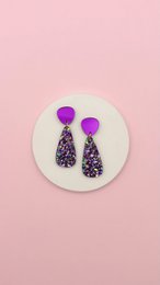  Purple mirror drop earrings with multicolored confetti, elegant dangling style, sparkly gemstone details.