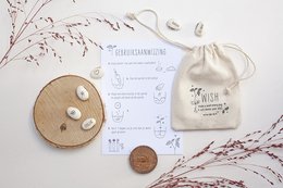 A small bag filled with various charms and trinkets, including hearts, clovers, and stars. The bag appears to be a gift or decorative item related to plants or nature.