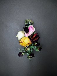 Colorful bundle of white, pink, and yellow sage fumigation sticks with green stems.