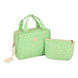A green makeup bag set with a floral pattern, suitable for weekend use. The set includes a main bag and a smaller pouch, both made of a lightweight, durable material.