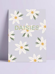  A poster featuring a collection of delicate white daisy flowers against a light background, with the word "DAISIES" prominently displayed in a green font.