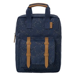  Navy blue backpack with white polka dots, suitable for kids. Features adjustable straps and a spacious main compartment.