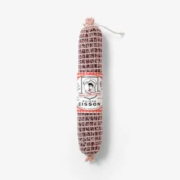 A long, cylindrical sausage product with a red and white label featuring a cartoon character and the text "Maison Cisson".
