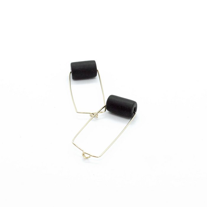 Gold Rectangle Earrings - Black Bead