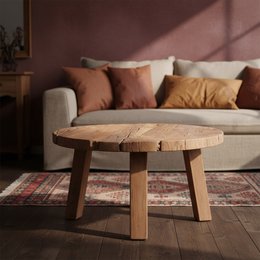  Round wooden coffee table with natural wood finish and sturdy legs.