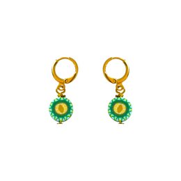  Cantaloupe melon-shaped drop earrings with green and gold accents, a unique and playful fruit-inspired jewelry piece.