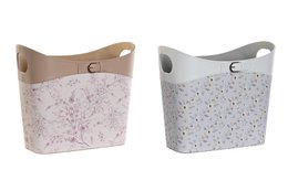  A beige and white magazine rack with a floral pattern and a buckle detail.