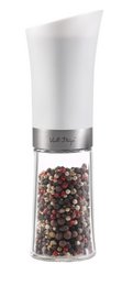 A white electric and gravitational salt and pepper mill with a clear glass container for the peppercorns. The mill has a sleek, modern design with a stainless steel base.