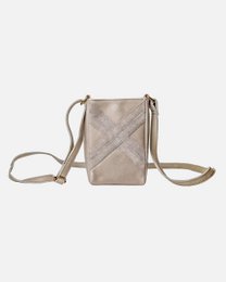  A leather phone bag in grey and taupe colors, featuring a rectangular shape and a crossbody strap for hands-free carrying.