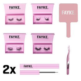 The product appears to be a set of false eyelashes or eyelash extensions from the brand Fayke. The images show various packaging and styles of the lashes, including "THE PINK BASH" and "Filz-Spitze" variants. The description should focus on the key details that would be relevant for a semantic search, such as:

"False eyelashes in pink packaging, available in 'THE PINK BASH' and 'Filz-Spitze' styles. Designed to enhance and dramatize the eyes."