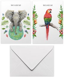 10 biglietti di auguri buona giornata + grande giornata con busta - dipinto a mano - cartolina - elefante - pappagallo - botanico - formato A6