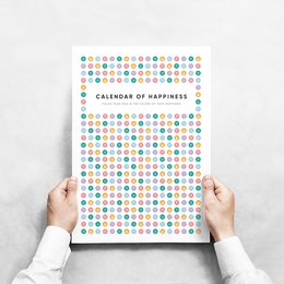 2022 Calendar of Happiness - Junior, a colorful calendar featuring illustrations of happy characters, available in multiple languages including English, German, Spanish, Russian, French, Latvian, and Italian.