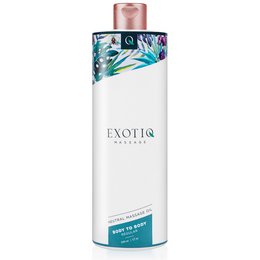 Exotiq - Body To Body Oil - 500 ml. A luxurious massage oil with a floral and tropical scent, packaged in a stylish bottle with a pink cap.