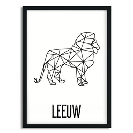 A geometric black and white poster featuring a lion silhouette with the Dutch word "Leeuw" (meaning "lion") below. The poster has a minimalist, modern design with a polygon-style lion shape.
