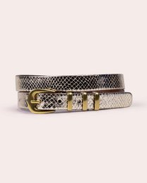  Embossed leather belt with triple-ring buckle, gold and silver hardware, textured design.