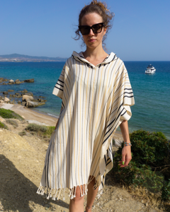 SERENITY Women Hooded Cotton Beach, Pool, Spa & Sauna Poncho, Changing Towel – Stripe Yellow (with Recycled Gift Box)