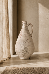  Weathered ivory terracotta vase, tall pear-shaped jug, rustic aged finish, 60cm height, earthy neutral tone.