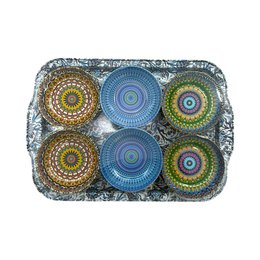  Set of 6 colorful metal bowls with a tray, featuring intricate mandala-style patterns in shades of blue, green, yellow, and orange.