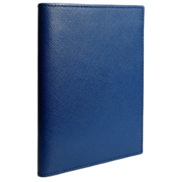 Navy blue leather passport sleeve with saffiano texture.