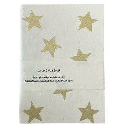  A5 size notebook with a soft cover, featuring a star print design in gold on an off-white background. The notebook is made with eco-friendly paper and is handmade in Nepal.
