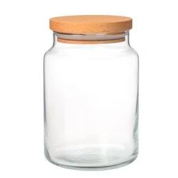 Glass storage jar with wooden lid, 890 cc capacity, suitable for storing various kitchen items.