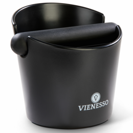 A black, cylindrical coffee grinder with a Vienesso logo on the side. The grinder has a hopper on top and a handle on the side for grinding coffee beans.