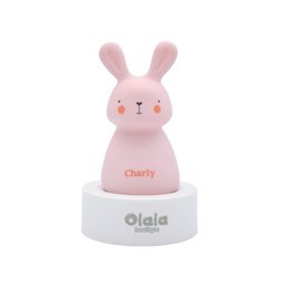 "A pink, rabbit-shaped night light with the name 'Charly' on it. The night light is shown on a white surface, with a hot air balloon and other toys in the background."

The product is a pink, rabbit-shaped night light called "Charly" that can be recharged by induction. The night light has a soft, plush appearance and is designed for use in a child's room or nursery.
