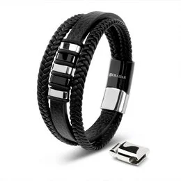 A sleek and stylish leather bracelet in silver or gold, featuring a braided design and a clasp closure. Available in three lengths to fit a variety of wrist sizes.