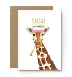 A birthday card featuring a giraffe with a birthday cake on its head, against a plain background.