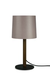 A modern, minimalist floor lamp with a cylindrical beige shade and a dark metal base.
