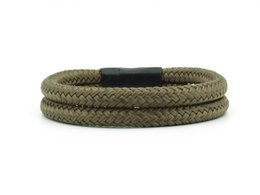Braided bracelet in olive green and brown colors, made from recycled materials, available in multiple sizes.