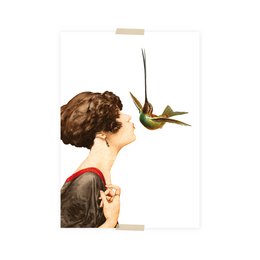A postcard featuring a collage of a woman's profile and a hummingbird. The image depicts a whimsical, artistic design with a vintage aesthetic.
