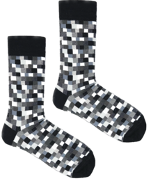 Black and white patterned socks with a pixelated design.