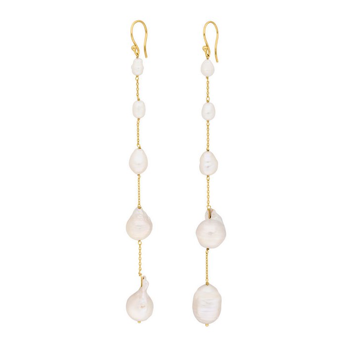 Boucles D'oreilles Pendantes Perles Baroque Blanc Et Chaîne Or 18k - Parsarahgong