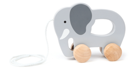 A gray and white wooden elephant push and pull toy with round wooden wheels.