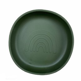 Silicone plate in a round shape with a rainbow design, suitable for kids. The plate is made of durable silicone material in a hunter green color.
