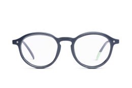 Round, slate-colored eyeglasses with +1.00 to +3.00 diopter lens options for reading.