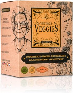 CULTIVEA® Mini – Fertig zum Anbau vergessener Gemüse-Set – 100 % Bio-Samen – Gärtnern und genießen – Geschenkidee (Gelbe Rübe, Zwergbohne, Romanesco-Natalino-Blumenkohl, Karotte, Kürbis)