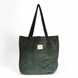  A large, olive green shoulder bag with a ribbed texture and a tree logo. The bag is made of durable material and is suitable for shopping or everyday use.