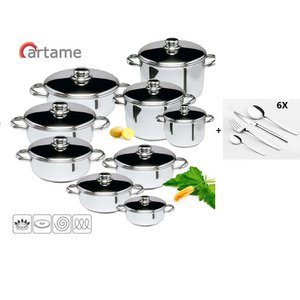 Artame 9-teiliger 18/10 St.Steel-Set (Saucen: Ø18-20-22-24-26-28 + Pfannen: Ø18-20-24) + 24 St.steel Besteckstücke mit Steakmesser