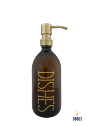 A brown glass soap dispenser with a gold-colored pump and the word "Dishes" printed on the bottle. The dispenser has a capacity of 500ml.