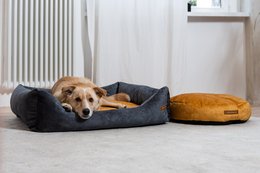 A round, soft dog bed in various colors including graphite, multicolor, dark gray, dark blue, dark navy, dark khaki, dark ochra, dark brick, dark pink, dark plum, and dark light green. The bed is suitable for dogs of different sizes from small to extra-large.