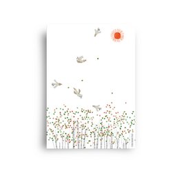 A postcard with a floral design featuring a variety of flowers and plants against a white background, with a sun and butterflies in the sky.