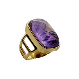 Rectangular statement ring in 18K gold plated with smoke obsidian or amethyst stone. Available in sizes 6, 7, 7.5, and 8.