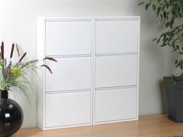  Matte white metal shoe cabinet with 6 doors and 2 sets, measuring 108 x 103 x 17 cm, providing functional and compact storage for a stylish shoe collection.