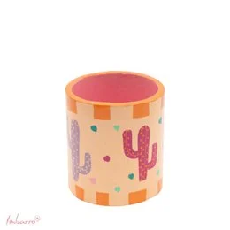 Cylindrical cactus pencil holder, orange checkered pattern, pink top, colorful desert design with cacti shapes.