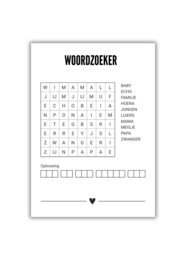 A black and white image of a word search puzzle titled "Woordzoeker" (Dutch for "Word Search"). The puzzle contains various Dutch words related to babies and family members.
